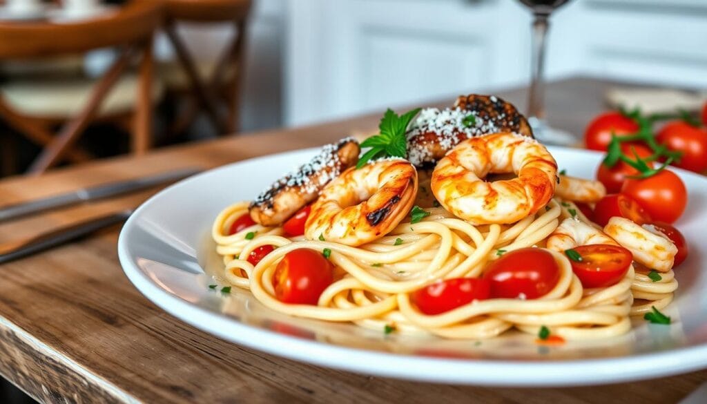 Plated chicken and shrimp pasta